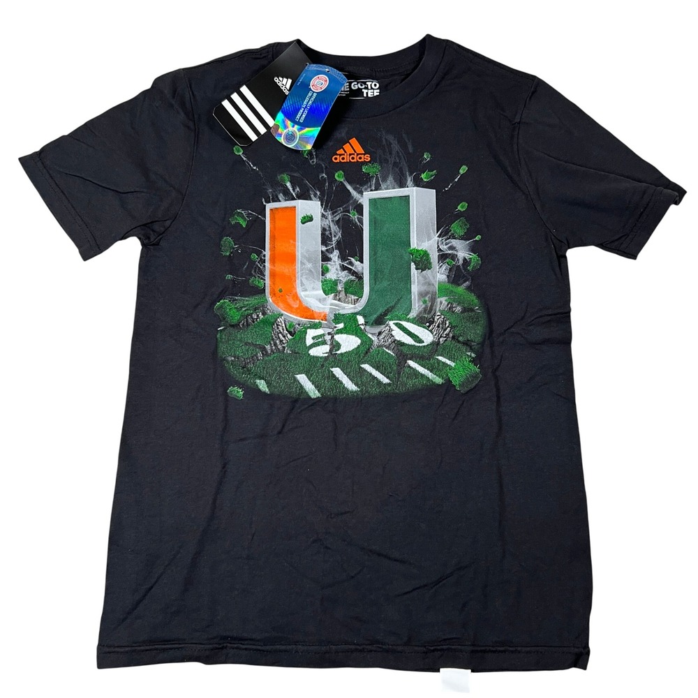 Adidas Miami Hurricanes Kids Medium 10/12 Black The Go-To Tee NCAA Shirt NEW